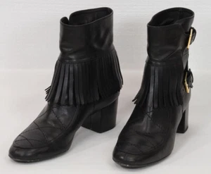 $1195 LAURENCE DACADE BLACK LEATHER MID-CALF BOOTIS WITH FRINGE AT ANKLE - Picture 1 of 8