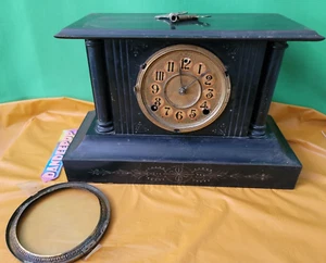 Antique Decorative Black Painted Metal Mantle Shelf Clock With Keys - Picture 1 of 16