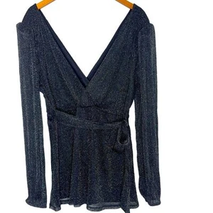 Top tejido tórrido brillo lúrex sobrepelliz peplum talla 2X negro profundo manga larga nuevo con etiquetas - Imagen 1 de 8