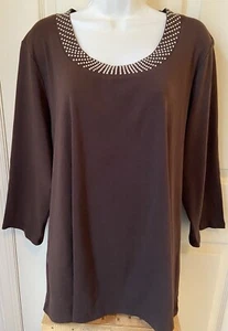 STYLE&CO BROWN PULLOVER COTTON KNIT SCOOP NECK-TOP-RHINESTONES-RUNS SMALL NWT 3X - Picture 1 of 8