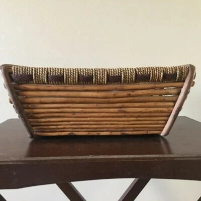 Vintage Handmade Bamboo & Rattan Basket Storage Rectangle Shape Home Decor - Image 1 of 4