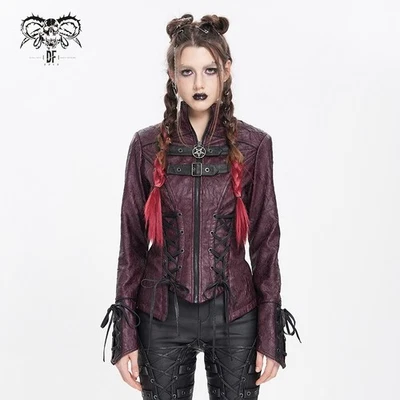 Devil Fashion Women Black Red Gothic Punk Irregular Lace-Up Slim Short Jacket - Image 1 of 4
