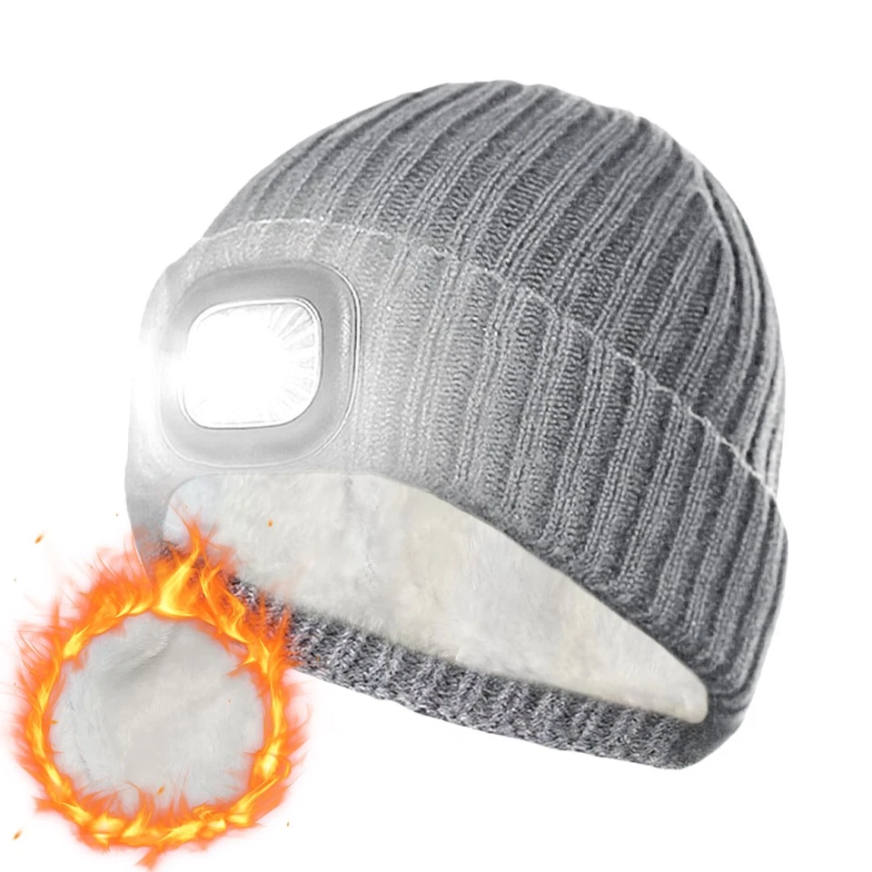 冬季保暖儿童豆豆帽带 LED 灯 4 种模式 USB 可充电前照灯帽 — 第 1/1 张图片