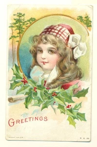 1909 Christmas Greetings Girl Hat Ribbon P.C. 52 VTG Postcard CG3. - Picture 1 of 2