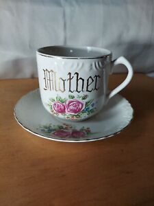 Vintage Floral "MOTHER" Wide Mug & Saucer Set With Gold Trim