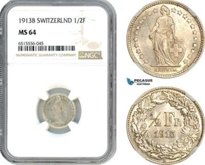 AI010, Switzerland 1/2 Franc 1913 B, Bern Mint, Silver, NGC MS64 - Picture 1 of 1