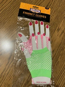 Ladies Fishnet 1980's Short Fingerless Pink & Lime Green Gloves One Size - New - Picture 1 of 4