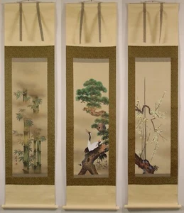 Set di 3 KAKEJIKU Katsuo pergamena giapponese dipinto a mano ""Pino bambù - Foto 1 di 24