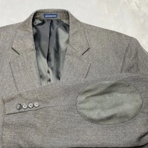 Stafford 100% Wool Tweed Blazer Sport Coat Men 48R Gray Herringbone Elbow Patch - Picture 1 of 15