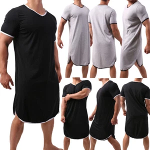 Mens Nightshirts Short Sleeve Cotton Long Sleepshirt Nightgown Pajama V Neck  - Picture 1 of 30