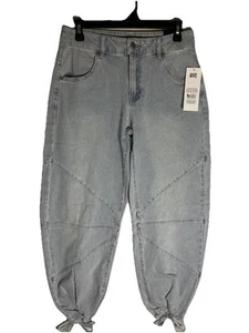 MADDEN NYC Jeans Barrel Wide Leg Mid-rise Light Wash Size 8 Drawstring Hem Baggy - Picture 1 of 8