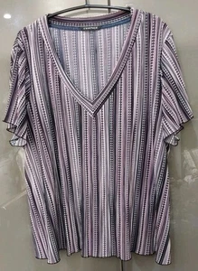 Essence Plisse V Neck Top Pink Black Stripes Non Iron Short Sleeve Size 24 - Picture 1 of 12