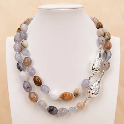 2 Rows Natural White Biwa Pearl Beads Purple Agate Gems Necklace For Women - Image 1 of 4