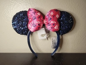Disney Parks 2019 Minnie Ear Headband Sequin Navy Blue “Classic Attractions” Bow - Picture 1 of 3