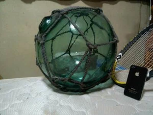 HUGE 14.57" Vtg Japanese Glass Fishing Float Nautical buoy Aqua Blue Rope HG011 - Picture 1 of 4