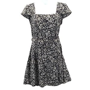Altar’d State Womens Belted Dress Black Floral Short Sleeve Square Neck Size Med - Picture 1 of 8