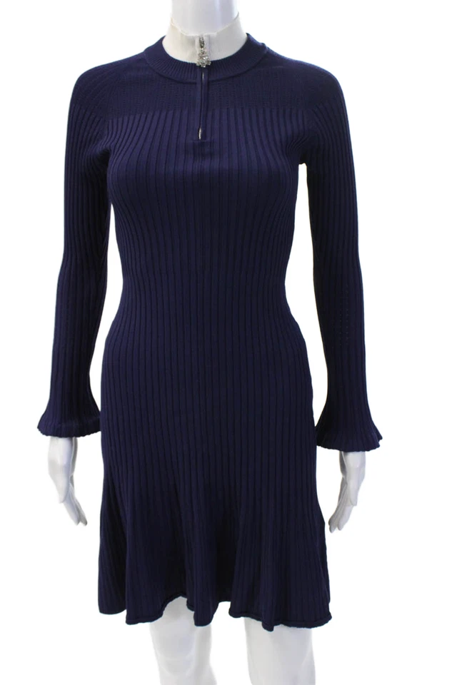 Vestido suéter Sandro para mujer azul oscuro a rayas cuello falso manga larga corto talla 1 Foto 1 de 4