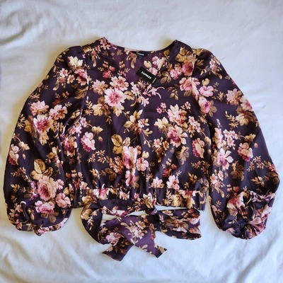Blusa Top Express Pequeña Púrpura Colorida Floral Transparente Mangas Largas Elastizada Nueva con Etiquetas Foto 1 de 4