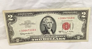 1963 TWO DOLLAR BILL STAR NOTED RED SEAL  UNGRADED *00647318A - Picture 1 of 4