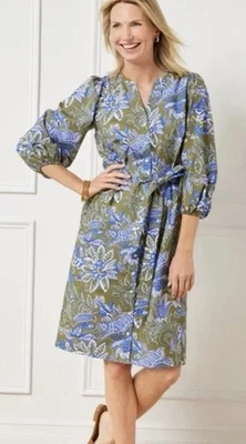 NWT Talbots Women’s Size 14P Green Floral Cotton Crew Neck Belted Shirt Dress - Image 1 of 4