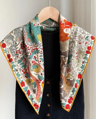  70% Cashmere 30% Silk Bird Forest Print Wrap 65X65cm Scarf Shawl Double Face  - Image 1 of 4