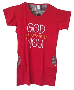 Pocket T-Shirt Dress Red God Gave Me You Print Loose Boyfriend Long Tees L-34" - Picture 1 of 2