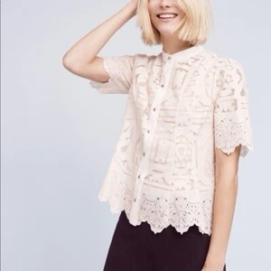 Anthropologie Floreat Sagesse Metallic Lace Ivory Button Down Top US 6 Feminine - Picture 1 of 8