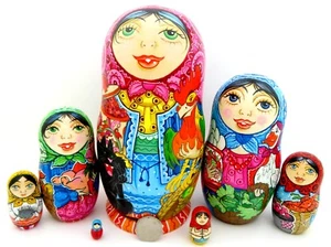 Russian Matryoshka nesting dolls 7 MATT BIG Black Cat & Rooster signed OBICHOVA - Picture 1 of 12