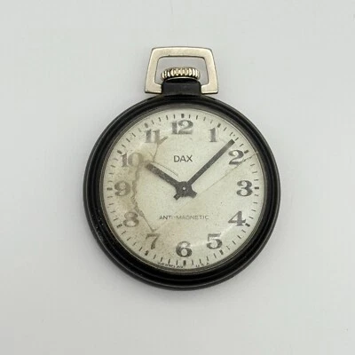 Vintage WESTCLOX DAX Black Plastic Mechanical Pocket Watch, Cracked (For Parts) - Image 1 of 4