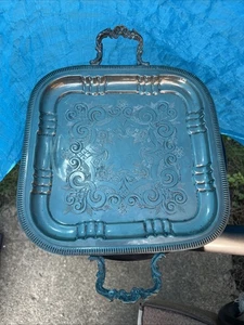 Vintage Moroccan Arabic Engraved Etched Silver-Plate Serving Tray open handle - Picture 1 of 4