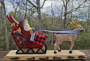 Vtg Folk Art Hand Carved Santa & Sled Figments of Folklore 14" long  - Picture 1 of 11