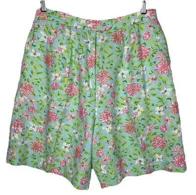 Pantalones Cortos Lilly Pulitzer Verde Rosa Floral Talla 12 Bolsillos Lino Algodón Cintura Alta Foto 1 de 4