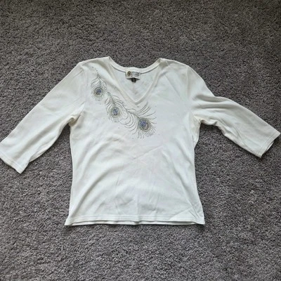 Christine Alexander Camiseta Mujer L Blanco Camiseta Pavo Real Adorno Cuello en V Foto 1 de 4