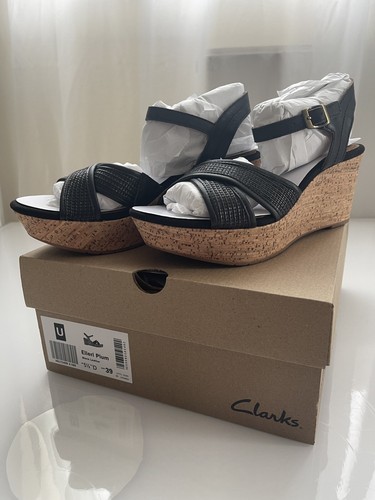 Sandali con zeppa Clarks Elleri prugna neri in pelle TESSUTO. Taglia 5 5 39