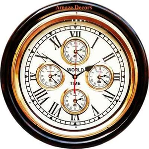 Reloj de pared náutico de madera de latón estilo antiguo vintage para decoración del hogar hora mundial - Imagen 1 de 4