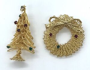 Pair Of Vintage Metal Wire & Rhinestone Christmas Brooches • Wreath & Tree