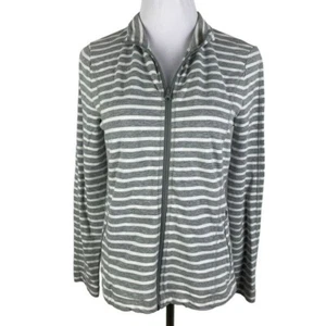 Jones New York Striped Full Zip Jacket Women's Medium Gray White 2 Zip Pockets - Picture 1 of 9