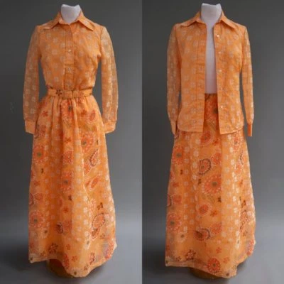De Colección Años 70 Mod Melocotón Flocado Floral 3p Anfitriona Maxi Vestido Conjunto Falda Top Chaqueta 10 M Foto 1 de 4