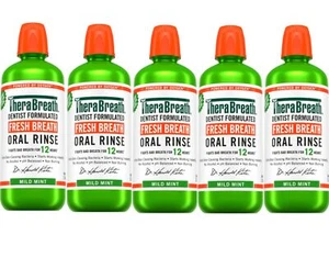 5 Pack - TheraBreath Fresh Breath Mouthwash, Mild Mint, Alcohol-Free, 33.8 fl oz - Picture 1 of 5