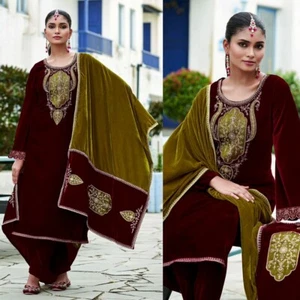D MAROON VELVET w EMBR INDIAN PAKISTANI READYMADE SALWAR KAMEEZ SUIT LADIES DEN - Picture 1 of 3