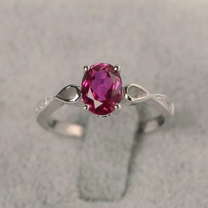 Oval Cut Simulated Pink Ruby Fancy Solitaire Band Ring In 14k White Gold Plated - Picture 1 of 6