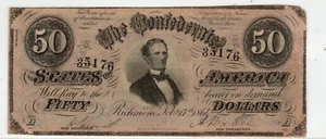T-66 PF-12 1864 $50 Confederate Paper Money - Picture 1 of 2