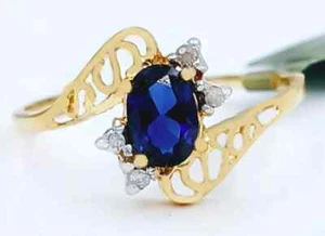 14k Yellow Gold Plated 2.80 Ct Oval Simulated BLUE SAPPHIRE & DIAMONDS RING - Picture 1 of 4