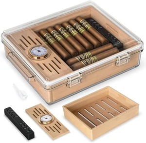 Cigar Humidor with Cedar Tray, Humidifier & Hygrometer, Desktop Cigar Case Box T - Picture 1 of 7