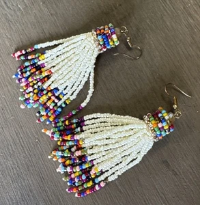 Multicolor & White Two Tone Color Block Seed Bead Tassel Dangle Earrings - Picture 1 of 9