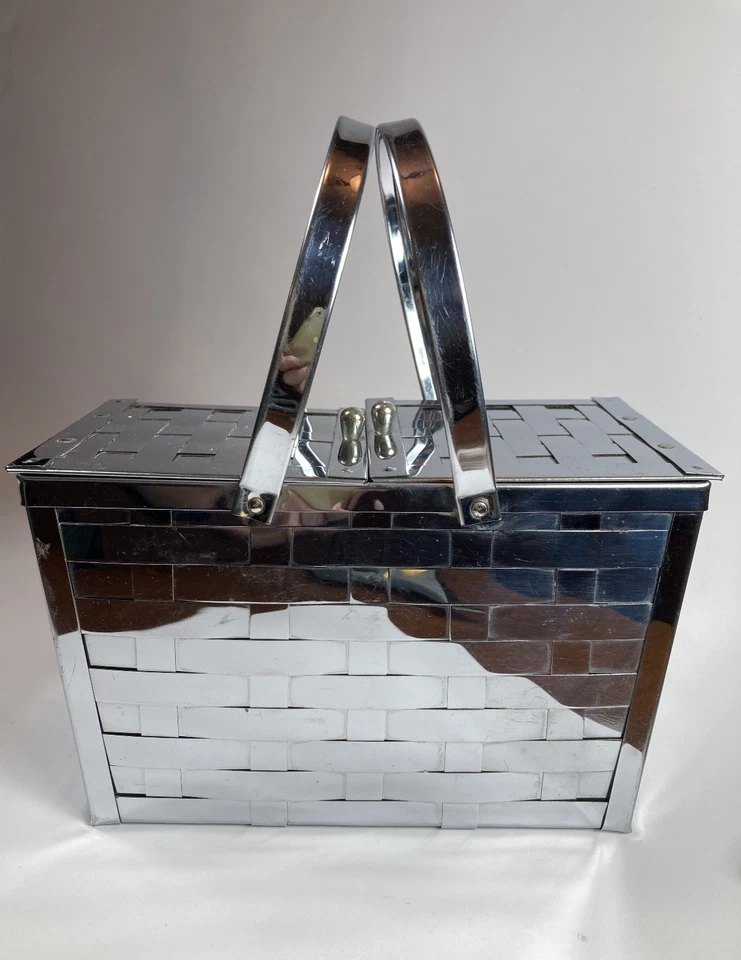 Cartera vintage de dos asas con cesta de picnic plateada Dorset Rex años 50 Foto 1 de 4