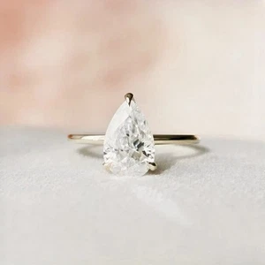 Solitaire Pear Cut Moissanite 14K Solid White Gold Engagement Ring for Women - Picture 1 of 5