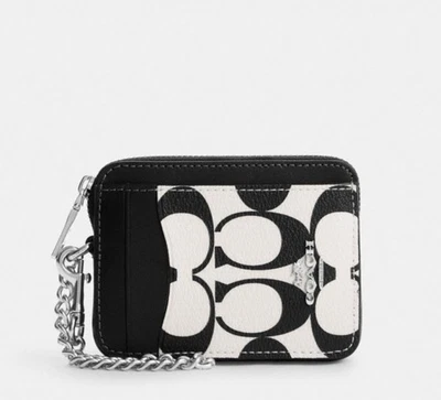 NUEVO CON ETIQUETAS COACH Estuche para Tarjetas con Cremallera Cartera con Estampado de Firma CP468 Plateado/Tiza/Negro Foto 1 de 3