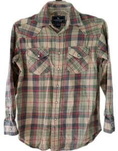 American Living Women's Medium Long Sleeve Plaid Pearl Snap Shirt Green Tan - Picture 1 of 6