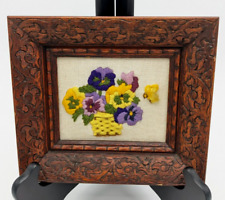 VTG Crewel Embroidery Basket Pansies Flowers Bee Carved Framed Complete 70s 7.5"